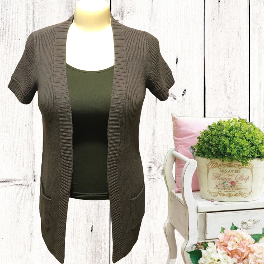 ANN TAYLOR Mid-Length Ribbed Knit Open Front Short Sleeve Cardigan - Picture 5 of 11